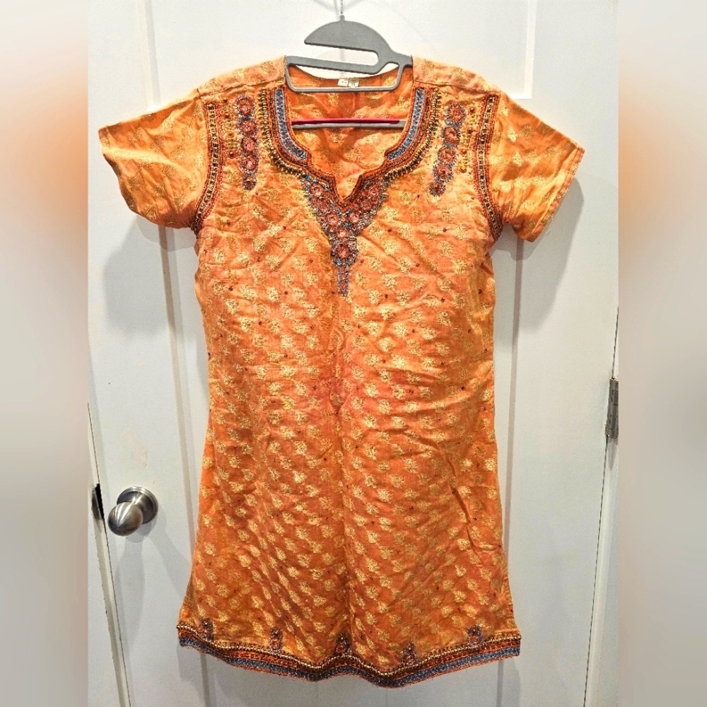 "XL Peach Gold Embroidered Kurti Tunic Dress Beaded Ethnic Boho Festival Wear"